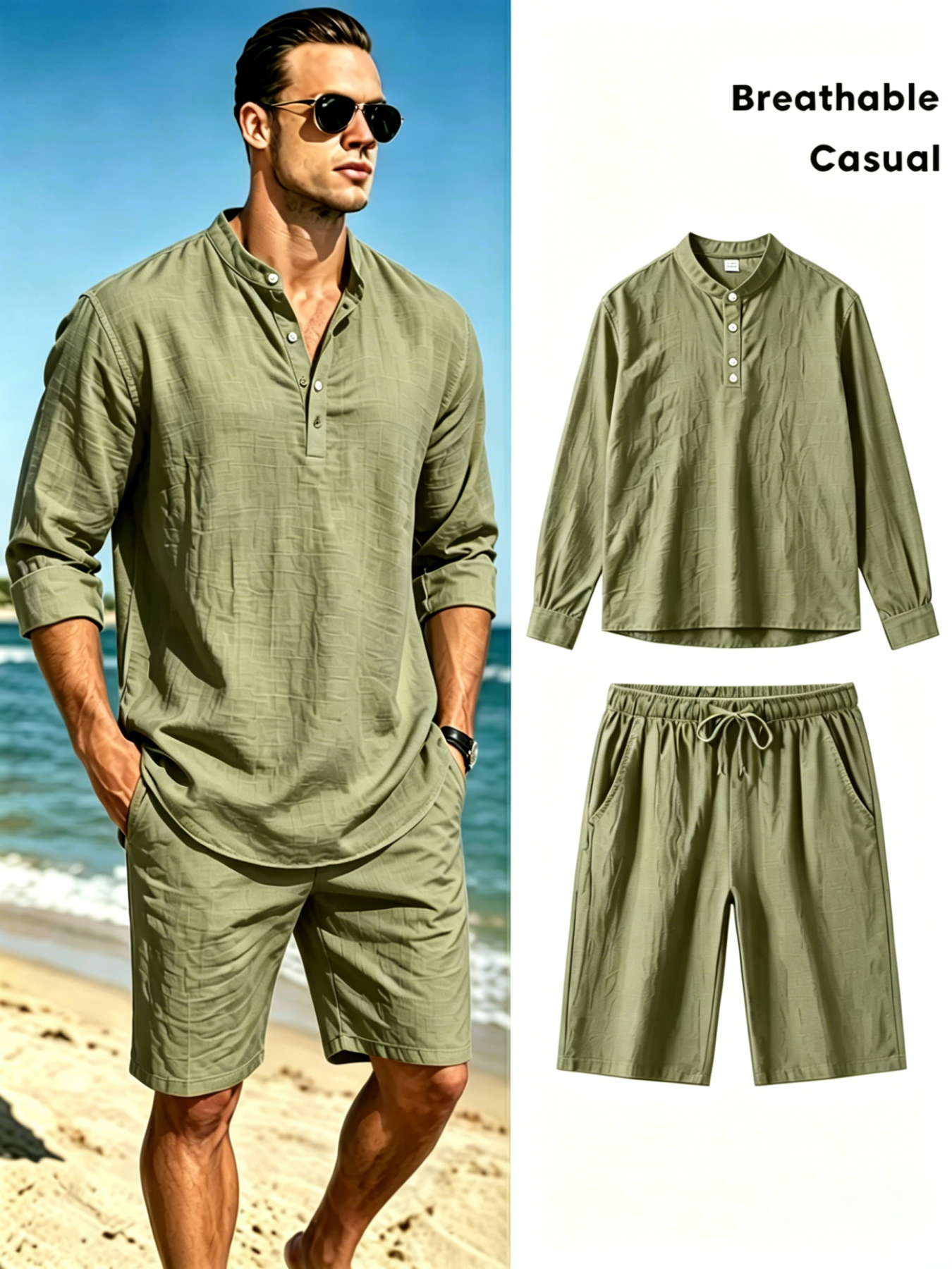Short Linen Drawstring - mens cotton linen henley shirt and