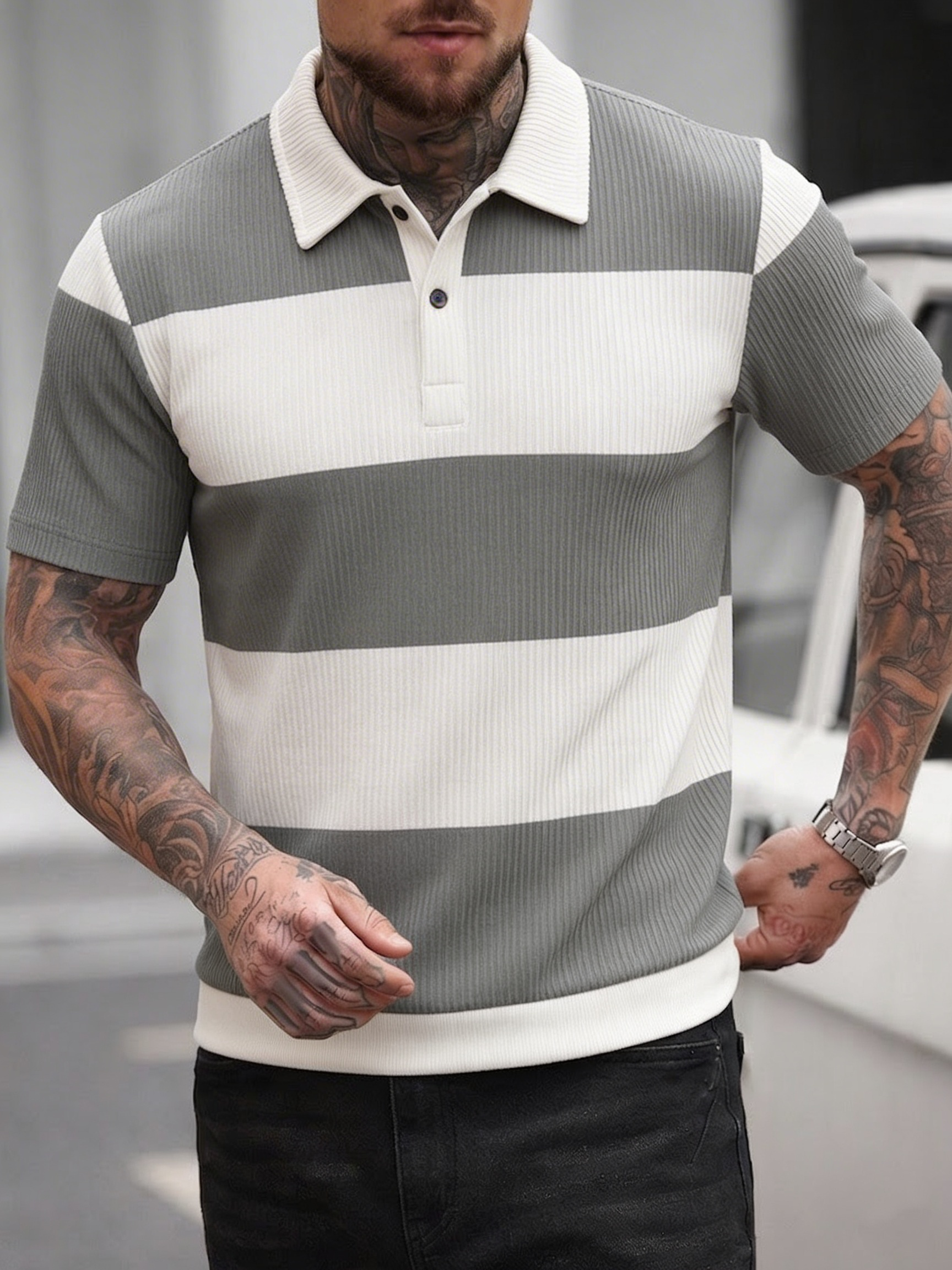 Men's Summer Gray-White Stripe – Polo Shirt Pique Bewertung und Preis