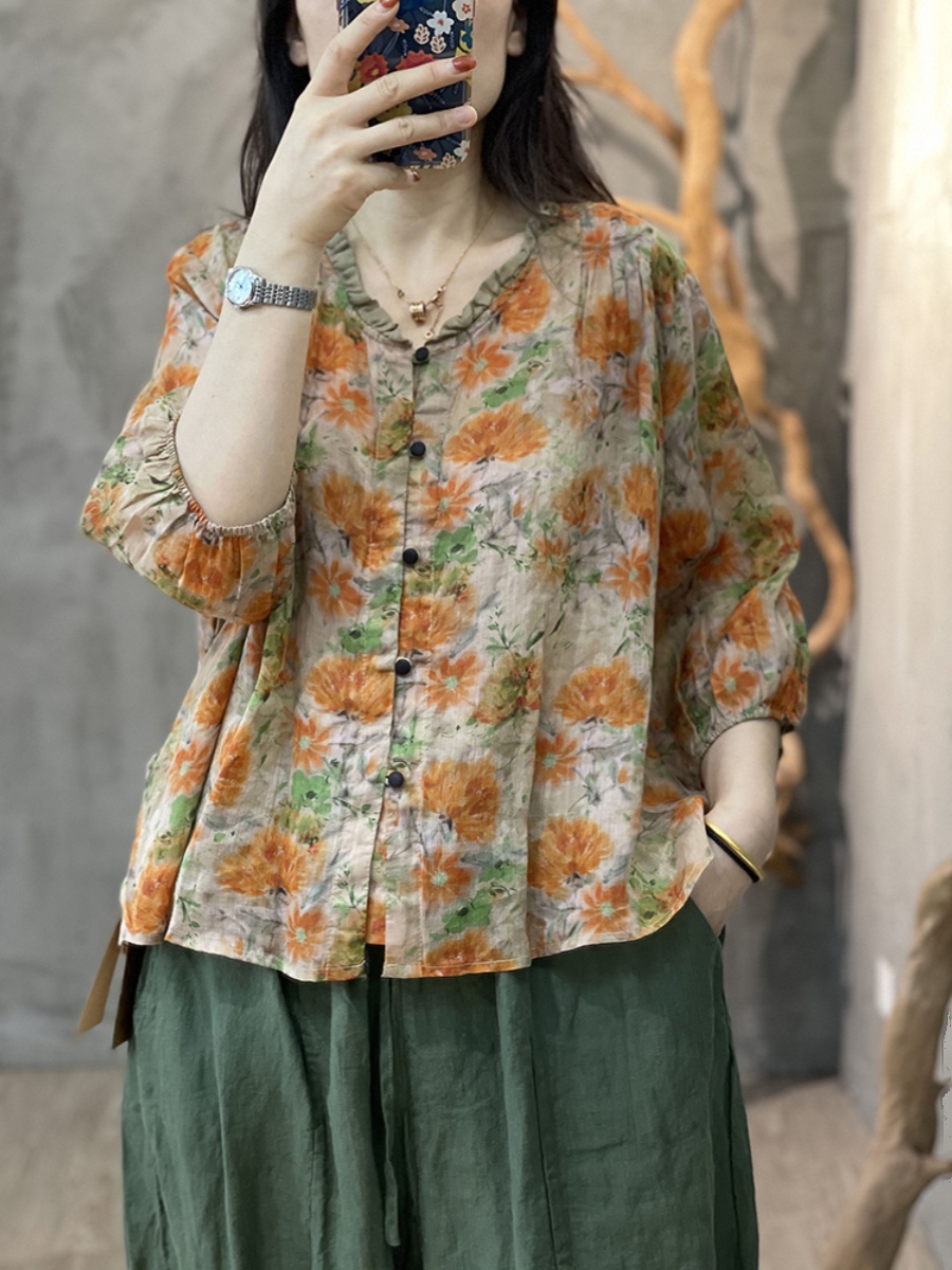 Large Size Women's Artistic Fl – Linen Shirt Breathable Bewertung und Preis