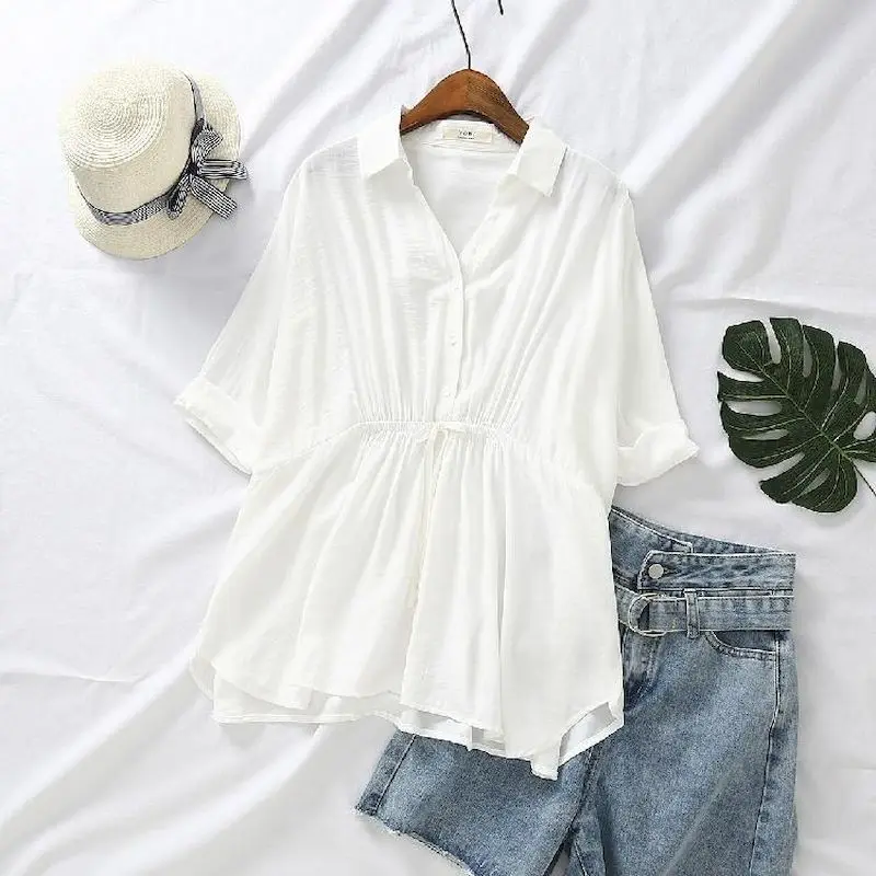 Korean Loose Blouses Women Fas – Short Linen Drawstring Bewertung und Preis